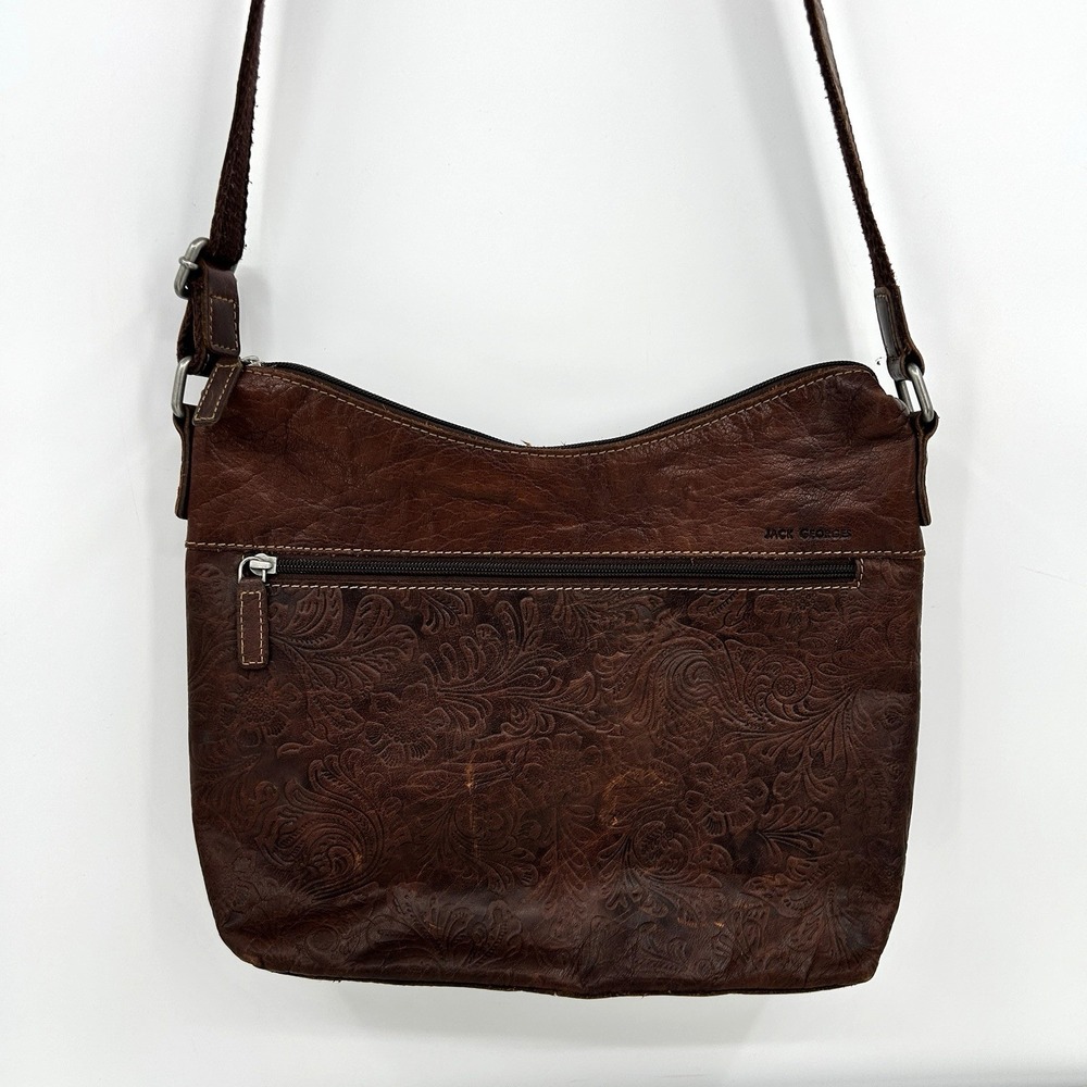 Jack Georges Brown Leather Crossbody Shoulder Bag‎ Boho Floral Embossed Pockets
